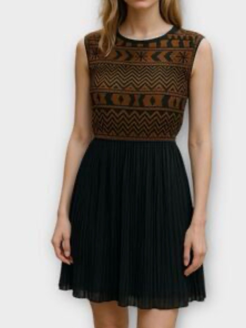 NWT Sleeveless Black/ Brown  Faux Suede Bodice Pleated Dress size S #1055